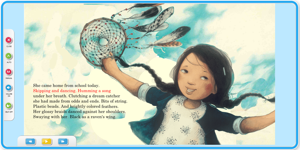 a page from the interactive tumblebook library picture book Stolen Words by Melanie Florence and illustrated by Gabrielle Grimand, published by Second Story Press