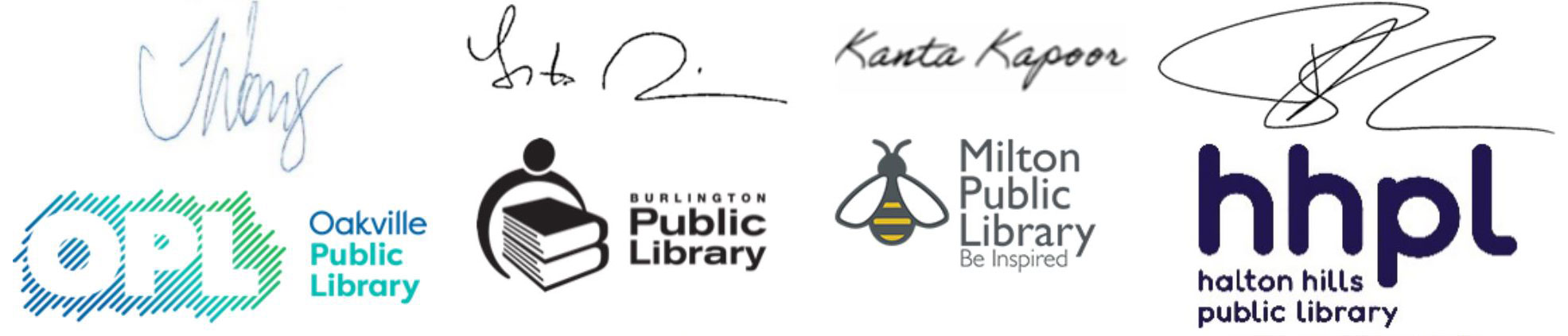 Signatures of Tara Wong, CEO, Oakville Public LibraryLita Barrie, CEO, Burlington Public LibraryKanta Kapoor, Interim CEO, Milton Public LibraryBeverley King, Acting CEO, Halton Hills Public Library along with organizations logo