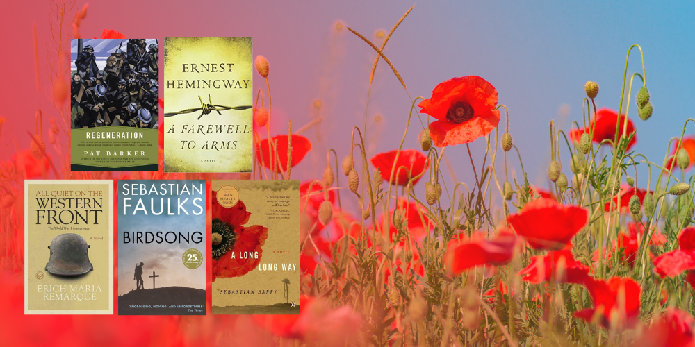 five book covers imposed on a background of poppies