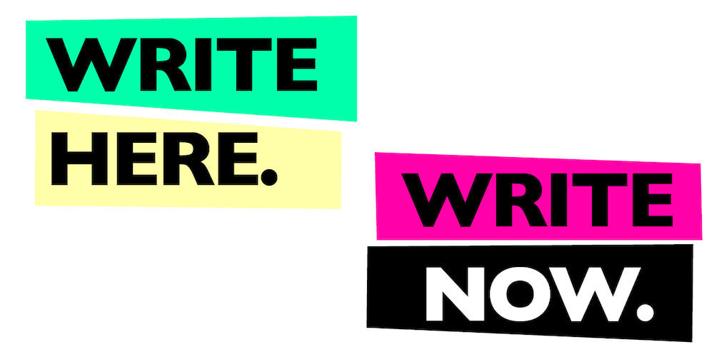 WriteHere WriteNow logo- text in block letters on neon background