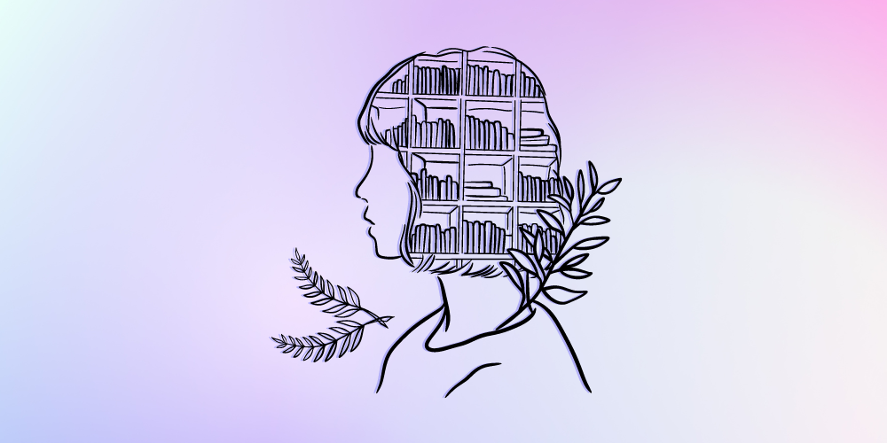 Purple gradient background with black line drawing of a young woman's profile in the foreground. The woman's head is filled with bookshelves and surrounded by flowers.