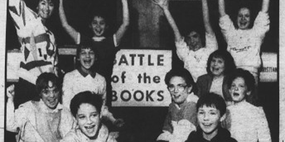 1986 newspaper photo of the winning St John's School Battle of the Books team