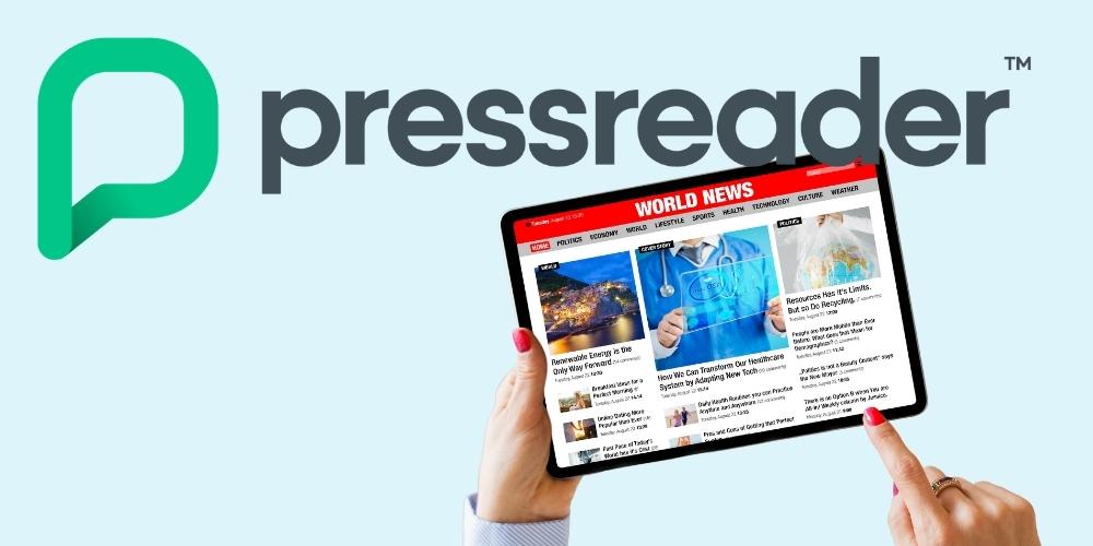 pressreader logo and tablet displaying online newspaper