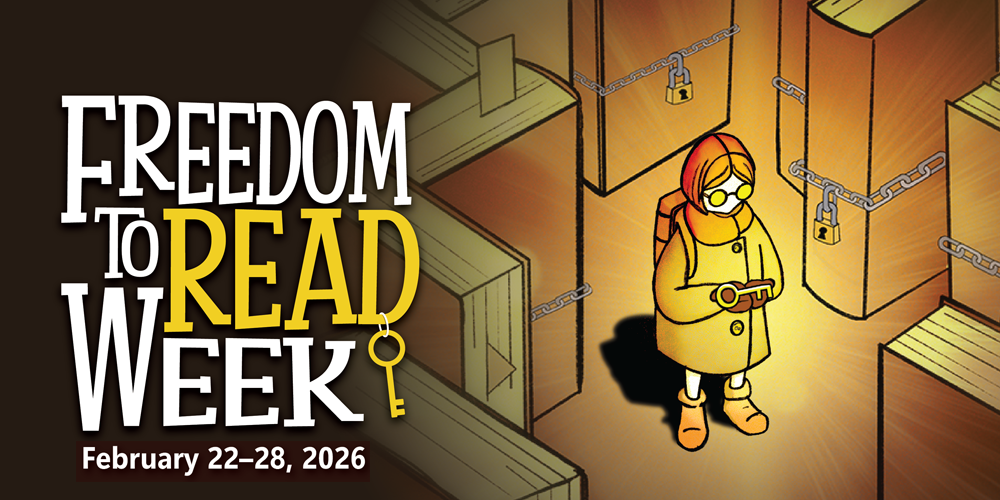 graphic of a person holding a key surrounded by books with locks and chains around them and text Freedom to Read Week, February 22 to 26