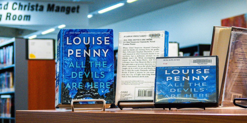 book covers of the large print edition and the audiobook on CD of All the Devils Are Here by Louise Penny