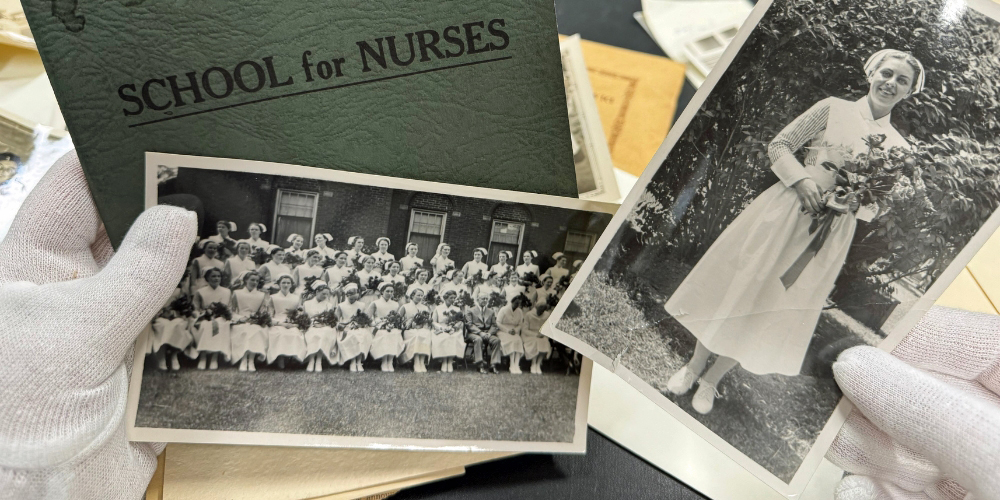 two gloved hands holding two old photos and a booklet relating to nursing in the 1930s.