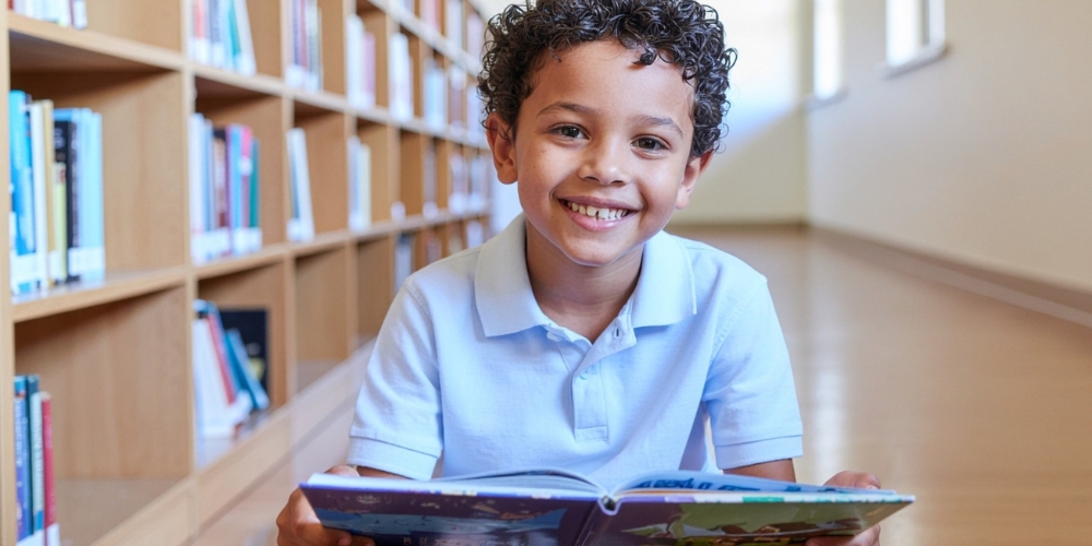 smiling young boy holding a book in a library