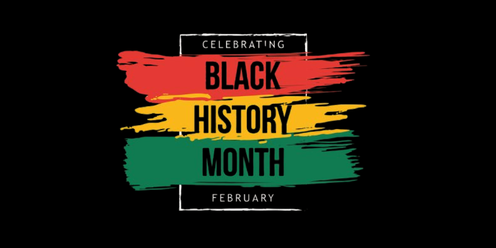 text reads Celebrating Black History Month February with a red, yellow, and green stripe behind the text