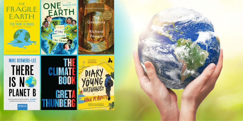 six book covers beside two hands holding planet earth