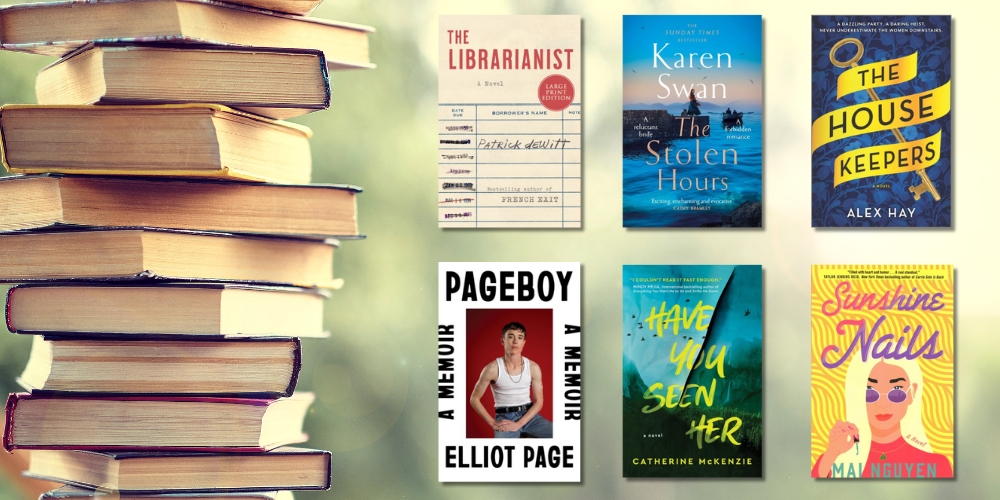 tall stack of books beside six featured book covers in the booklist