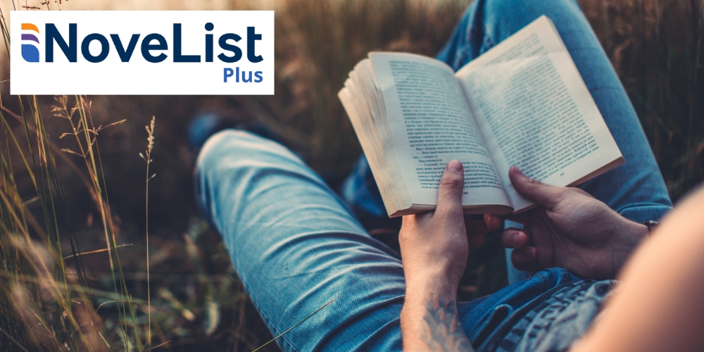 adult sitting in a field reading a paperback novel and Novelist Plus logo