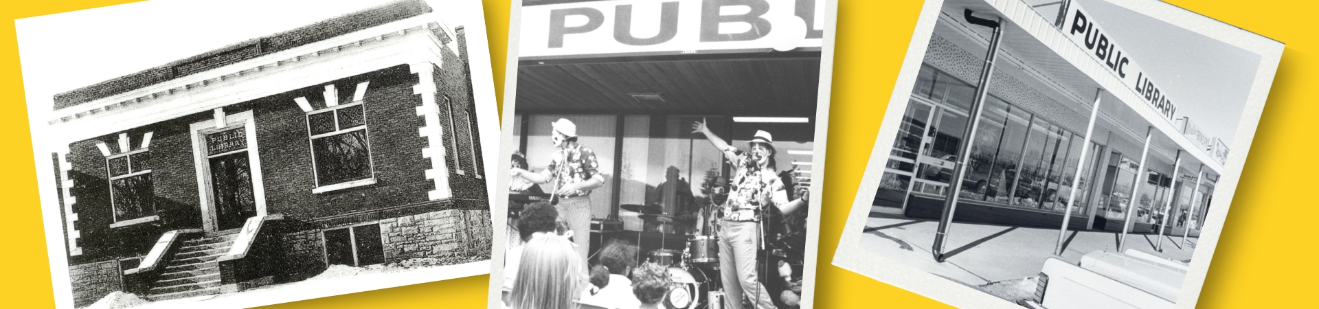 Three photos of library building early 1900s, branch mid-1970s with children's entertainers, and a branch in 1960s