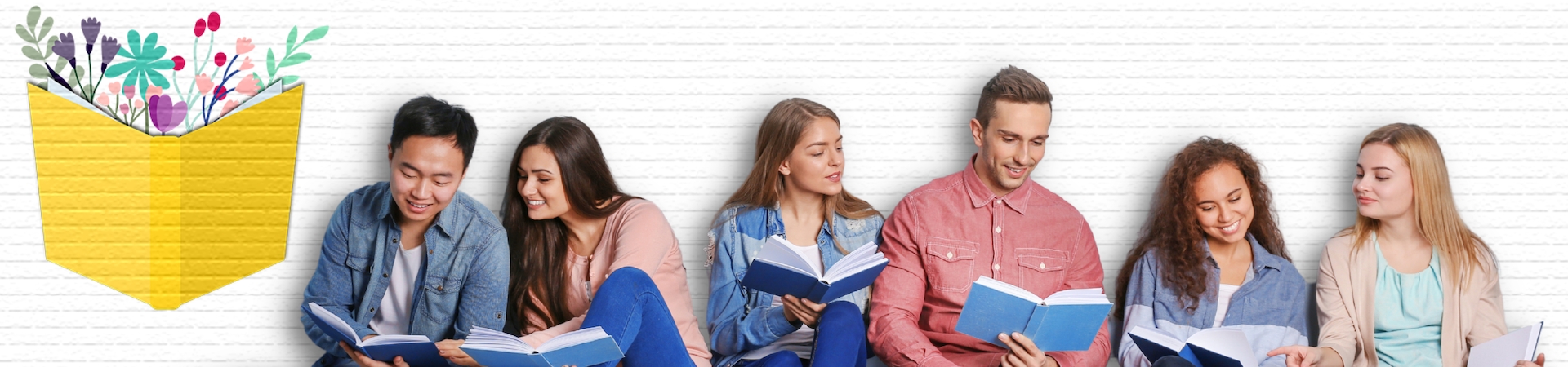 six adults seated against a wall interacting, with each holding an open book