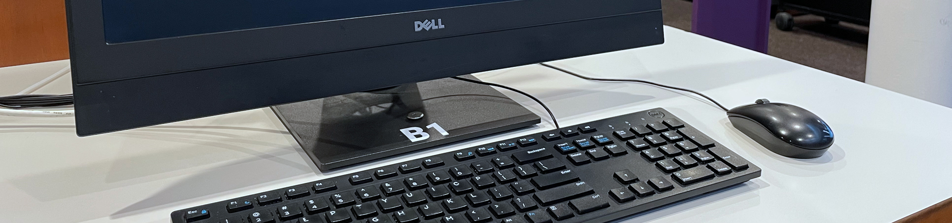 keyboard, mouse, and monitor at a public computer workstation