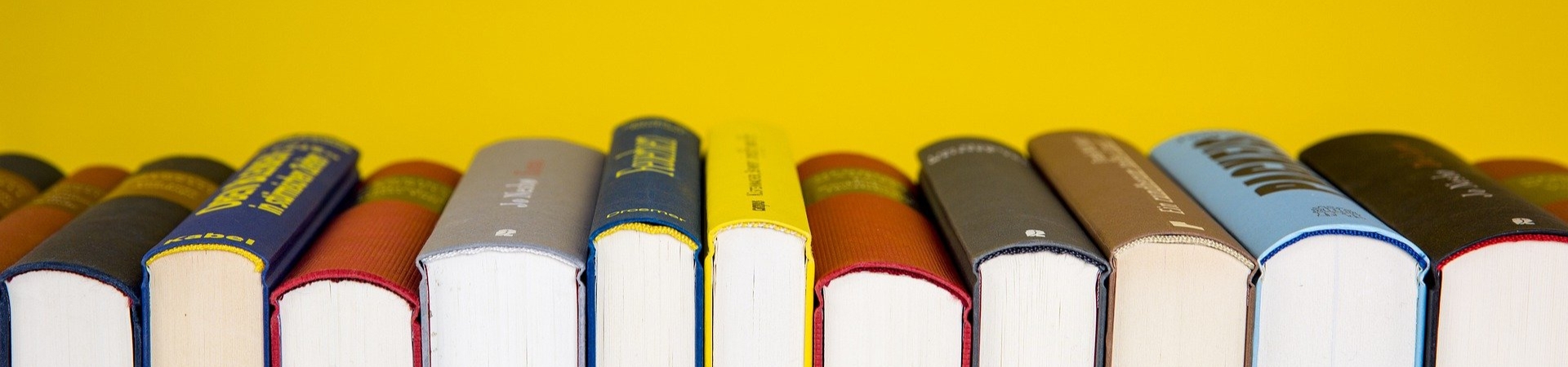 eleven hardcover books grouped in a row with spines facing up